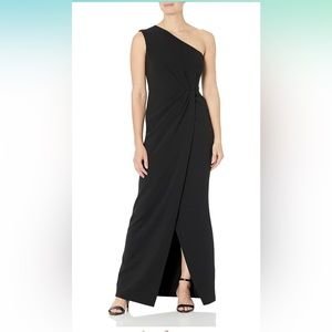 Calvin Klein Women's One Shoulder Black Gown with Waist Ruch